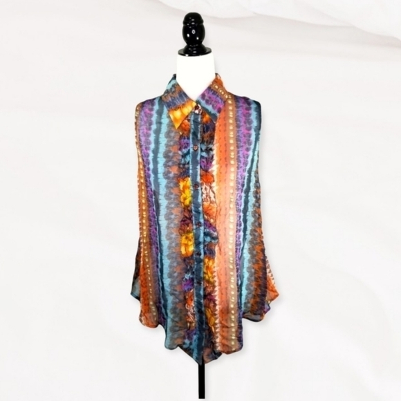 Papa Vancouver Tops - Papa Vancouver Women's Cut Off Shoulder All Over Print Button Up Blouse Size L